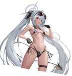  1girl absurdres bare_shoulders bikini black_bikini black_gloves blue_archive breasts choker cropped_legs dark-skinned_female dark_skin demon_tail eyewear_on_head gloves grey_hair hair_over_one_eye hair_ribbon halo highres iori_(blue_archive) iori_(swimsuit)_(blue_archive) long_hair looking_at_viewer navel open_mouth pjman pointy_ears red_eyes ribbon simple_background small_breasts solo sunglasses swimsuit tail thigh_strap thighs twintails underboob very_long_hair whistle white_background 
