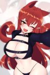 absurd_res big_breasts breasts cleavage clothed clothing female hair hi_res humanoid humanoid_pointy_ears looking_at_viewer mishythesheep navel one_eye_closed open_mouth pupils red_hair smile solo thick_thighs wink