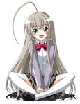  fang green_eyes haiyore!_nyaruko-san highres indian_style long_hair nyarlathotep_(nyaruko-san) rindou_(awoshakushi) school_uniform silver_hair sitting thighhighs white_legwear 