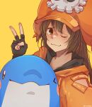  1girl absurdres black_gloves blush brown_eyes brown_hair cabbie_hat dolphin fingerless_gloves gloves guilty_gear guilty_gear_strive hat hat_ornament highres hood hoodie long_hair long_sleeves looking_at_viewer may_(guilty_gear) mil17459623 mr._dolphin_(guilty_gear) one_eye_closed orange_headwear orange_hoodie simple_background skull_and_crossbones skull_hat_ornament upper_body v yellow_background 