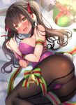  1girl :d ass bare_arms black_hair black_pantyhose blush bound bound_arms breasts brown_eyes christmas christmas_present commentary_request earmuffs fang gift hair_ribbon highres large_breasts leotard long_hair looking_at_viewer lying mori_airi on_side open_mouth original pantyhose playboy_bunny purple_leotard ribbon smile solo thighs twintails 