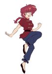  1girl black_footwear blue_eyes braid braided_ponytail breasts chinese_clothes full_body happy highres open_mouth ranma-chan ranma_1/2 red_hair red_shirt sarracenian shirt simple_background solo tangzhuang white_background 