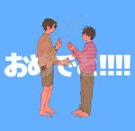  2boys barefoot black_hair blue_background brown_pants brown_shorts brown_sweater cake cake_slice commentary_request confetti congratulations eye_contact food full_body goatee_stubble hacchi_(napoli_no_otokotachi) highres holding holding_plate jack-o&#039;_ran-tan long_sleeves looking_at_another male_focus multiple_boys napoli_no_otokotachi oko_da_yo pants party_popper plate profile purple_sweater short_hair shorts simple_background standing striped striped_sweater sweater translation_request translucent unmoving_pattern v-shaped_eyebrows 