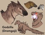 alternate_species arm_feathers autistikal breath_powers claws dinosaur dromaeosaurid feathers feral glowing glowing_eyes godzilla godzilla_(series) head_feathers reptile scalie scar sickle_claw simple_background solo spikes spikes_(anatomy) tail_feathers theropod toho