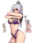  3girls arm_up artist_name ass baldur&#039;s_gate baldur&#039;s_gate_3 bikini black_bikini blush blushyspicy braid braided_ponytail colored_skin cowboy_shot cropped_legs crossed_arms demon_girl demon_horns demon_tail dungeons_and_dragons green_skin grey_hair groin heart highres holding holding_clothes holding_swimsuit horns karlach long_hair multiple_girls navel pointy_ears purple_bikini red_skin shadowheart_(baldur&#039;s_gate) shiny_skin simple_background smile solo_focus swimsuit tail topless unworn_bikini_top 