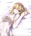  alice_margatroid awa_yume blonde_hair hairband highres looking_at_viewer lying nightgown on_back on_bed pillow purple_eyes short_hair solo touhou 