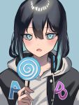  1girl absurdres ado_(utaite) black_hair black_hoodie blue_background blue_hair blush candy chando_(ado) character_name cloud_nine_inc colored_inner_hair commentary food hair_between_eyes headphones headphones_around_neck highres holding holding_candy holding_food holding_lollipop hood hoodie lollipop long_hair looking_at_viewer mole mole_under_eye multicolored_hair open_mouth simple_background solo swirl_lollipop tsukuno_tsuki two-tone_hoodie upper_body utaite white_hoodie 