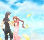  1boy 1girl aerith_gainsborough armor belt black_footwear black_gloves black_hair black_pants black_ribbon blue_sky bouquet bow brown_hair button_dress closed_eyes cloud cloudy_sky couple cropped_jacket curly_hair day dress falling_petals final_fantasy final_fantasy_vii flower gloves green_eyes grin hair_bow hair_ribbon hand_on_own_hip hand_up happy highres holding holding_bouquet holding_hands jacket leaning_forward long_dress long_hair multiple_belts open_clothes open_jacket open_mouth outdoors pants parted_bangs pauldrons petals pink_bow pink_dress pink_ribbon ponytail reaching_towards_another ream_(arua) red_jacket ribbon shoulder_armor sidelocks sky smile spiked_hair standing suspenders yellow_flower yellow_petals zack_fair 