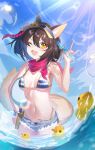  1girl absurdres animal_ear_fluff animal_ears bikini black_hair blue_archive blue_bikini blue_sky breasts commentary_request day denim denim_shorts facing_viewer fang fox_ears fox_tail hand_on_own_hip hand_up highleg highleg_bikini highres holding izuna_(blue_archive) izuna_(swimsuit)_(blue_archive) lens_flare looking_ahead micro_shorts navel ocean official_alternate_costume one_eye_closed open_mouth outdoors partially_underwater_shot pink_scarf rubber_duck scarf short_hair shorts skin_fang sky small_breasts smile solo standing striped striped_bikini sunlight swimsuit tail tansuan_(ensj3875) visor_cap wading yellow_eyes 