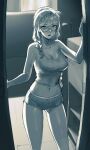  1girl braid braided_bangs breasts cleavage contrapposto dangodes dolphin_shorts doorway drawstring english_commentary glasses greyscale hair_between_eyes highres large_breasts looking_at_viewer midriff monochrome navel original parted_lips pov_doorway semi-rimless_eyewear short_shorts shorts solo swept_bangs 