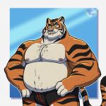 anthro belly clothed clothing epic_games eye_scar eyebrows facial_scar felid fortnite fur hi_res male mammal marshmallowpupy musclegut oscar_(fortnite) pantherine scar solo tail tiger topless topless_anthro topless_male yellow_sclera