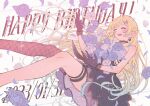  1girl aizawa_ema aizawa_ema_(1st_costume) bare_shoulders black_gloves blonde_hair blue_dress blue_flower blue_hair blue_rose blunt_bangs blush cat_earrings choker closed_eyes dress flower gloves gradient_hair hair_flaps hair_flower hair_ornament happy_birthday haremoto hashtag_only_commentary highres jewelry lace lace-trimmed_choker lace-trimmed_skirt lace_choker lace_gloves lace_trim legs long_hair multicolored_hair open_mouth rose simple_background skirt smile solo swept_bangs thigh_strap thighs twitter_username virtual_youtuber vspo! white_background 