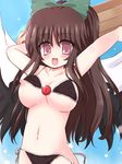  arm_cannon arms_up bikini black_hair bow breasts brown_eyes covered_nipples hair_bow large_breasts long_hair looking_at_viewer nipple_slip nipples open_mouth ponytail reiuji_utsuho ry side-tie_bikini smile solo swimsuit touhou untied very_long_hair wardrobe_malfunction weapon 
