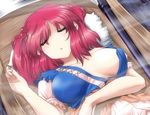  blush boat breasts cleavage closed_eyes hair_bobbles hair_ornament large_breasts nori_tamago onozuka_komachi open_clothes open_shirt red_hair shirt short_hair sleeping solo touhou two_side_up watercraft 
