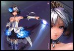  armor armored_dress bare_shoulders blue_eyes crown dress greaves gwendolyn inset odin_sphere polearm realistic short_hair solo spear strapless strapless_dress weapon white_hair zhaoyebai 
