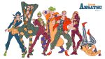  6+boys belt blonde_hair blue_hair boots commentary_request eye_mask formaggio ghiaccio gloves green_footwear green_hair green_pants green_shirt illuso jacket jojo_no_kimyou_na_bouken kotteri long_hair looking_at_viewer looking_to_the_side male_focus melone multiple_boys orange_hair pants pesci prosciutto purple_gloves purple_jacket purple_pants quad_tails red_footwear risotto_nero shirt short_hair smile striped striped_pants suit upside-down vento_aureo vertical-striped_pants vertical_stripes wristband 