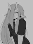 absurd_res clothing curved_horn dasi_(yxxzoid) demon demon_humanoid ear_piercing female gauged_ear grey_background greyscale gynomorph_(lore) hair half-closed_eyes hi_res horn humanoid humanoid_pointy_ears long_hair monochrome narrowed_eyes piercing shirt simple_background smile smirk smug smug_face t-shirt topwear trans_(lore) trans_woman_(lore) yxxzoid