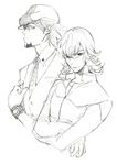  barnaby_brooks_jr cabbie_hat crossed_arms curly_hair facial_hair glasses graphite_(medium) greyscale hat jacket kaburagi_t_kotetsu kouga_yun monochrome multiple_boys necktie stubble tiger_&amp;_bunny traditional_media vest waistcoat watch wristwatch 