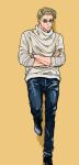  1boy blonde_hair crossed_arms denim foot_against_wall goggles highres jeans jujutsu_kaisen looking_at_viewer male_focus mineco000 nanami_kento pants short_hair solo standing standing_on_one_leg sweater watch white_sweater wristwatch yellow_background 