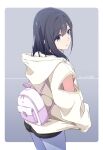  1girl backpack bag black_hair blue_eyes closed_mouth commentary_request dated from_behind grey_background highres hood hooded_jacket jacket looking_at_viewer medium_hair monai-chan_(nii_manabu) nii_manabu original signature smile solo two-tone_background white_background white_jacket 