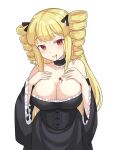  1girl bare_shoulders black_dress black_ribbon black_souls blonde_hair blood blood_from_mouth breasts choker cleavage dress elisabeth_(black_souls) frilled_choker frills hair_ribbon highres itakama looking_at_viewer red_eyes ribbon ringlets simple_background solo white_background wide_sleeves 