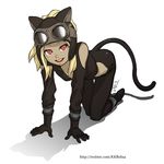  all_fours alternate_costume animal_ears animal_helmet bare_shoulders blonde_hair cat_ears cat_tail dark_skin detached_sleeves gloves gravity_daze helmet kemonomimi_mode kitten_(gravity_daze) metier2501 open_mouth red_eyes short_hair signature smile solo tail watermark web_address 