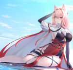  1girl absurdres animal_ear_fluff animal_ears arknights arm_behind_head black_gloves breasts cape cleavage elbow_gloves gloves hair_ornament highres large_breasts long_hair lycoris-fullbloom pink_eyes pink_hair pozyomka_(arknights) red_skirt short_sleeves sitting skirt solo thigh_strap very_long_hair wolf_ears wolf_girl 