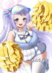 1girl :d ako_suke bare_shoulders blue_archive blue_eyes blush breasts cheerleader covered_nipples crop_top fang halo hanae_(blue_archive) hanae_(cheer_squad)_(blue_archive) highres large_breasts leg_up long_hair looking_at_viewer open_mouth pink_halo pleated_skirt pom_pom_(cheerleading) purple_hair shoes simple_background skin_fang skirt sleeveless smile solo standing standing_on_one_leg thighhighs visor_cap white_background white_footwear white_skirt white_thighhighs zettai_ryouiki 