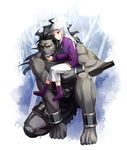  1girl asurafkmt berserker black_hair boots fate/stay_night fate_(series) grey_skin illyasviel_von_einzbern long_hair purple_footwear red_eyes white_hair 