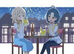  2girls alcohol aoyama_blue_mountain beer beer_bottle beer_mug blonde_hair blue_hair blue_skirt blue_undershirt blush border breasts building buttons chair check_commentary closed_eyes collarbone commentary_request cup denim drinking edamame_(food) fireworks frilled_shirt frills gochuumon_wa_usagi_desu_ka? holding house jacket jacket_on_shoulders looking_at_another mate_rin mohei mug multiple_girls night open_mouth outdoors parted_bangs railing saucer scarf shirt short_sleeves sidelocks sitting skirt small_breasts smile table undershirt white_border white_shirt window wooden_table yellow_eyes yellow_jacket yellow_scarf 