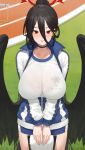  1girl black_choker black_hair black_wings blue_archive blue_jacket blue_shorts blush breasts choker clipboard collarbone gym_shirt gym_uniform hair_between_eyes halo hasumi_(blue_archive) hasumi_(track)_(blue_archive) highres holding holding_clipboard huge_breasts jacket large_wings long_hair looking_at_viewer low_wings mole mole_under_eye nhaliz official_alternate_costume partially_unzipped ponytail red_eyes red_halo see-through see-through_shirt shirt shorts solo sweatdrop thighs track_jacket white_shirt wings 