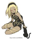  animal black_cat blonde_hair cat dark_skin dress dusty_(gravity_daze) gravity_daze kitten_(gravity_daze) metier2501 petting red_eyes scarf short_hair signature sitting strapless strapless_dress vambraces watermark web_address wristband 