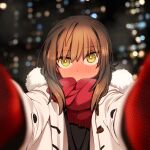  1girl blush breath brown_hair coat duffel_coat ergot fubuki_(kancolle) fur-trimmed_coat fur_trim gloves green_eyes kantai_collection long_sleeves looking_at_viewer meme nejime open_clothes open_coat pov_cheek_warming_(meme) reaching reaching_towards_viewer red_gloves red_scarf scarf short_hair short_ponytail solo white_coat winter_gloves 