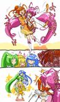  5girls :3 aoki_reika bad_id bad_pixiv_id balancing bike_shorts blonde_hair blue_hair blush_stickers carrying choker comic cure_beauty cure_happy cure_march cure_peace cure_sunny green_hair hair_flaps hino_akane_(smile_precure!) hoshizora_miyuki kise_yayoi long_hair magical_girl midorikawa_nao multiple_girls orange_eyes orange_hair orange_skirt pink_choker pink_eyes pink_hair precure rita_(56yellow) skirt smile smile_precure! sparkle translation_request 