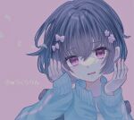  1girl aqua_jacket backpack bag black_hair bow cevio cherry_blossoms crying crying_with_eyes_open flower hair_bow hair_flower hair_ornament hands_up jacket kurari-chan kyu-kurarin_(cevio) min_(user_82880588) pastel_colors pink_background pink_eyes short_hair simple_background solo tears track_jacket translation_request 