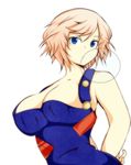  arms_behind_back bare_shoulders blue_eyes breasts bubble_blowing chewing_gum cleavage efunosan huge_breasts medaka_box naked_overalls no_bra overalls pink_hair short_hair solo yunomae_otome 