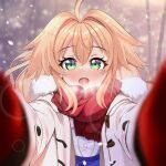  1girl ahoge alternate_costume azur_lane blonde_hair coat duffel_coat fj_hatsu fur-trimmed_coat fur_trim green_eyes hair_between_eyes highres le_temeraire_(azur_lane) long_hair long_sleeves looking_at_viewer meme open_mouth pov pov_cheek_warming_(meme) red_scarf scarf solo steam white_coat 