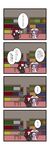  4koma bat_wings black_wings book bookshelf chibi comic crescent dora_ita hat head_wings highres koakuma long_hair multiple_girls necktie patchouli_knowledge purple_hair red_hair shelf touhou translated wings 