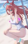  1girl absurdres ahoge animal_ears armlet beach beach_umbrella blue_eyes blurry blurry_background blush breasts brown_hair cleavage closed_mouth commentary_request ear_ornament fuji_noriho highleg highleg_swimsuit highres horse_ears horse_girl horse_tail horseshoe_necklace jewelry large_breasts long_hair looking_at_viewer mihono_bourbon_(umamusume) necklace ocean one-piece_swimsuit outdoors sand silver_hairband smile solo squatting swimsuit tail umamusume umbrella water white_one-piece_swimsuit 