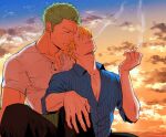  2boys beard black_eyes blonde_hair blowing_smoke blue_sky cigarette cloud colored_skin facial_hair flustered green_hair haramaki highres holding holding_cigarette kzwtr8 leaning_on_person looking_at_another male_focus mature_male multiple_boys one_piece orange_sky pectoral_cleavage pectorals roronoa_zoro sanji_(one_piece) shirt sitting sky tan thick_arms white_shirt white_skin yaoi 