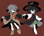  2others androgynous ascot black_coat black_hair black_headwear black_shorts black_sleeves boots bow bowtie brown_coat brown_footwear brown_sleeves chinese_commentary closed_eyes coat coat_hold collared_coat collared_shirt commentary_request detached_sleeves enraku_tsubakura eye_of_senri full_body geta green_hakama green_skirt green_socks green_trim grey_coat grey_hair hakama hakama_short_skirt hakama_skirt hat holding_hands houlen_yabusame japanese_clothes jinbei_(clothes) layered_sleeves len&#039;en ling_s long_sleeves multiple_others no_mouth open_mouth orange_ascot other_focus outstretched_arm puffy_short_sleeves puffy_sleeves red_background red_bow red_bowtie red_footwear red_headwear shirt short_hair short_over_long_sleeves short_sleeves shorts simple_background skirt sleeveless sleeveless_coat sleeveless_shirt smile socks tabi top_hat two-sided_coat two-sided_fabric two-sided_headwear white_shirt white_sleeves white_socks wide_sleeves 