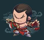  1boy bare_pectorals black_eyes braid chibi chinese_clothes cleft_chin closed_mouth feng_wei fingerless_gloves frown gloves green_background kotorai male_focus pants pectorals red_gloves signature solid_eyes solo tekken v-shaped_eyebrows white_pants 