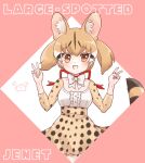  animal_print blonde_hair blush bow bowtie cat_girl cat_print center_frills extra_ears fang frills hair_between_eyes high-waist_skirt highres kemono_friends kuromitsu_(9633_kmfr) large-spotted_genet_(kemono_friends) open_mouth orange_eyes print_skirt print_sleeves shirt short_hair short_twintails sidelocks skirt smile twintails white_bow white_bowtie white_shirt 