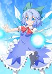  blue_dress blue_eyes blue_hair blue_sky bow cirno cloud day dress energy_ball fang fang_out hair_bow nogisaka_kushio outstretched_arms shirt short_hair sky smile solo thighhighs touhou white_legwear wings 