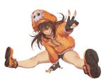  1girl bike_shorts black_gloves black_shorts blush brown_hair cabbie_hat fingerless_gloves gloves guilty_gear guilty_gear_strive hat hat_ornament highres hood hoodie long_hair may_(guilty_gear) mil17459623 open_mouth orange_footwear orange_headwear orange_hoodie shorts skull_and_crossbones skull_hat_ornament smile 