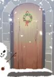  apple artist_name character_request christmas christmas_ornaments christmas_wreath coal commentary_request door food fruit masiro no_humans overlord_(maruyama) red_ribbon ribbon snowing snowman stick still_life wooden_door wreath 