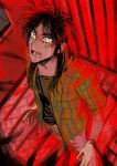  1boy absurdres black_eyes black_hair black_shirt cevio chikyuu_no_ura_(cevio) constricted_pupils crying crying_with_eyes_open full_body gloves green_shirt grey_pants hair_over_shoulder highres itou_kaiji kaiji long_hair looking_up male_focus medium_bangs nervous_sweating ninjin open_clothes open_mouth open_shirt pants parted_bangs plaid plaid_shirt red_background scar scar_on_cheek scar_on_face shirt short_sleeves solo standing sweat tears undershirt white_gloves 
