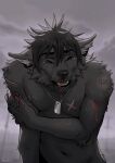 anthro blood bodily_fluids canid canine canis crying darkwolf_(darkwolfdemon) detailed_background digital_media_(artwork) dog_tags fingers fur hair hi_res kero_tzuki looking_at_viewer male mammal melee_weapon open_mouth sad scar smile solo sword tears teeth tongue weapon wolf