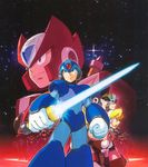  4boys alia_(rockman) android character_request energy_sword green_eyes headset helmet multiple_boys official_art robot rockman rockman_x sensei_haruki_suetsugu signas sky star_(sky) starry_sky sword weapon x_(rockman) zero_(rockman) 