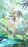  1girl bloomers cape cross-shaped_pupils crystalfly_(genshin_impact) dress feet fern flower forest fungi_(genshin_impact) genshin_impact gold_bracelet gradient_hair green_cape green_eyes green_hair hair_ornament highres hiiragisoyogi knees_together_feet_apart legs long_hair multicolored_hair nahida_(genshin_impact) nature no_shoes open_mouth outdoors plant pointy_ears reaching side_ponytail sleeveless sleeveless_dress smile solo stirrup_footwear stream sunlight swing swinging symbol-shaped_pupils toe_scrunch toeless_footwear toes transparent white_bloomers white_dress white_hair 